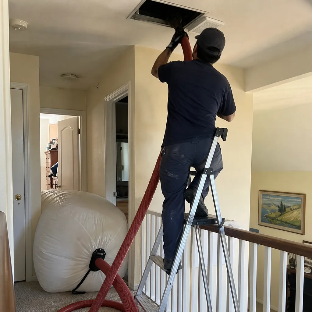 Technician performing professional residential air duct cleaning with vacuum equipment