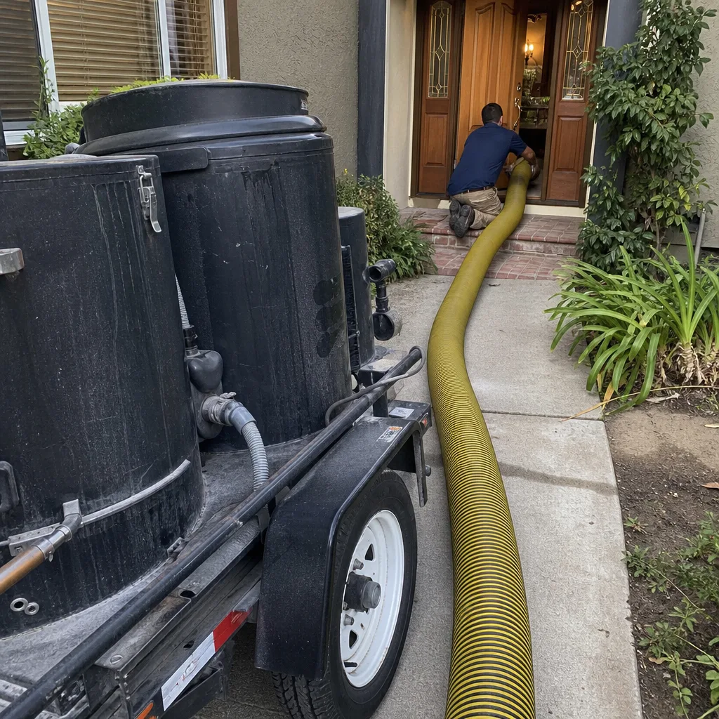 Technician using professional vacuum equipment for residential air duct cleaning services