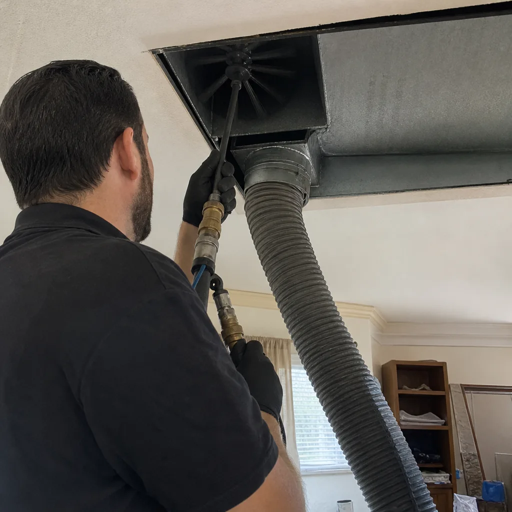 Technician using professional tools for residential air duct and vent cleaning