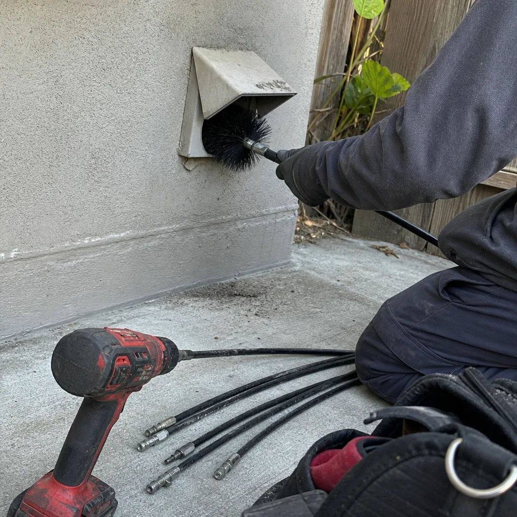 Professional dryer vent cleaning service using rotating brush tool